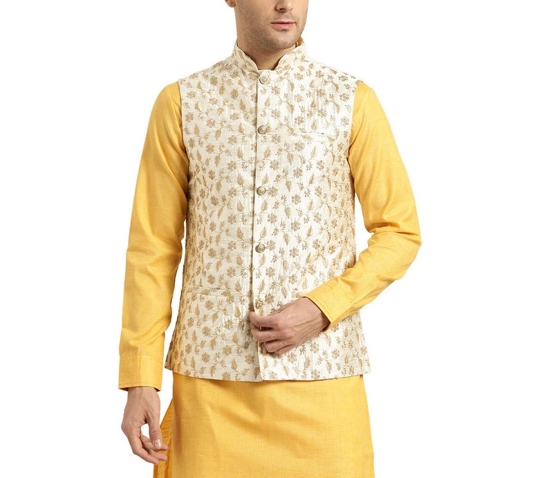 Sojanya (Since 1958 Men'S Silk Blend, Cream & Gold Embroidered Nehru Jacket, Size 44 - Image 1